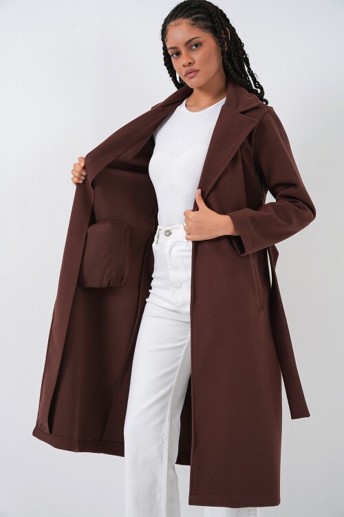 9118 Kruvaze Yaka Kaşe Kaban - Kahverengi