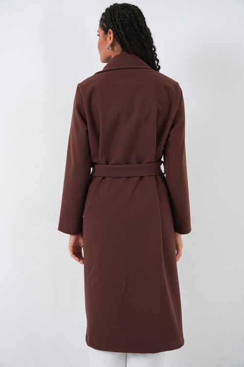 9118 Kruvaze Yaka Kaşe Kaban - Kahverengi