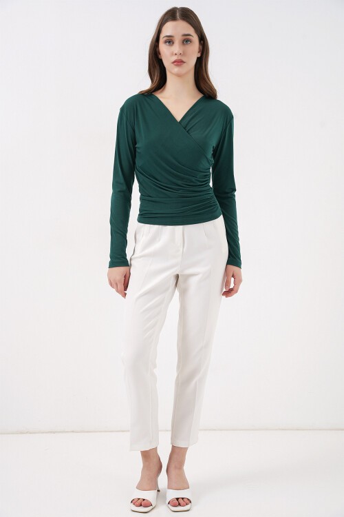 939 Anvelop Yaka Sandy Bluz - Zümrüt Yeşili