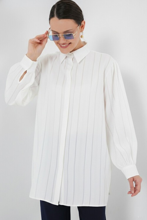 Çizgili Uzun Gömlek Tunik 5947 - Beyaz
