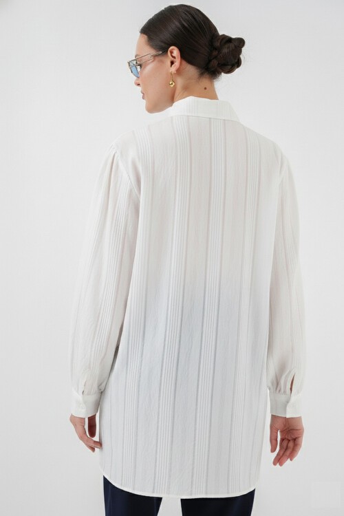 Çizgili Uzun Gömlek Tunik 5947 - Beyaz