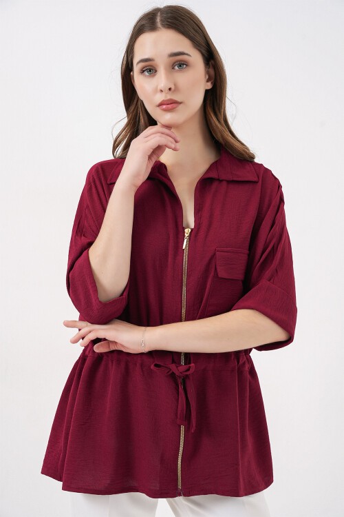 Fermuarlı Kadın Gömlek 0721 - Bordo