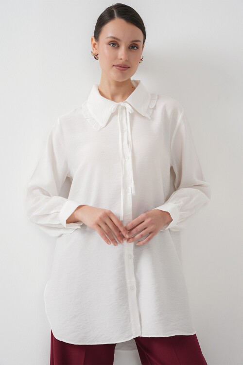 Fırfırlı Uzun Gömlek Tunik 5952 - Beyaz