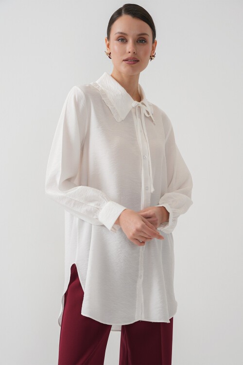 Fırfırlı Uzun Gömlek Tunik 5952 - Beyaz