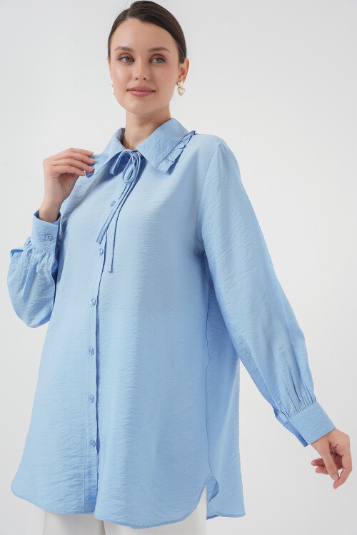 Fırfırlı Uzun Gömlek Tunik 5952 - Mavi