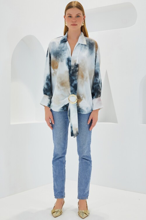 Kadın Antrasit Ekru Oversize Dökümlü Saten Gömlek 907