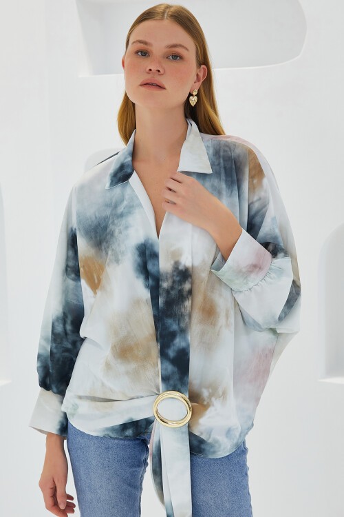 Kadın Antrasit Ekru Oversize Dökümlü Saten Gömlek 907