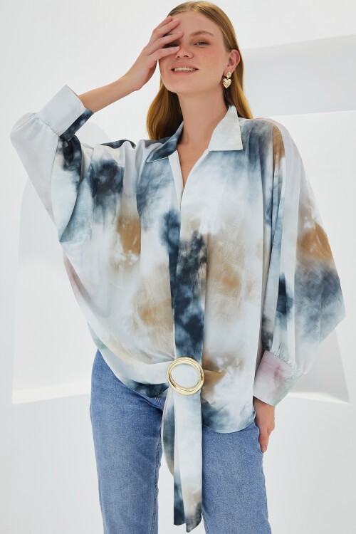 Kadın Antrasit Ekru Oversize Dökümlü Saten Gömlek 907