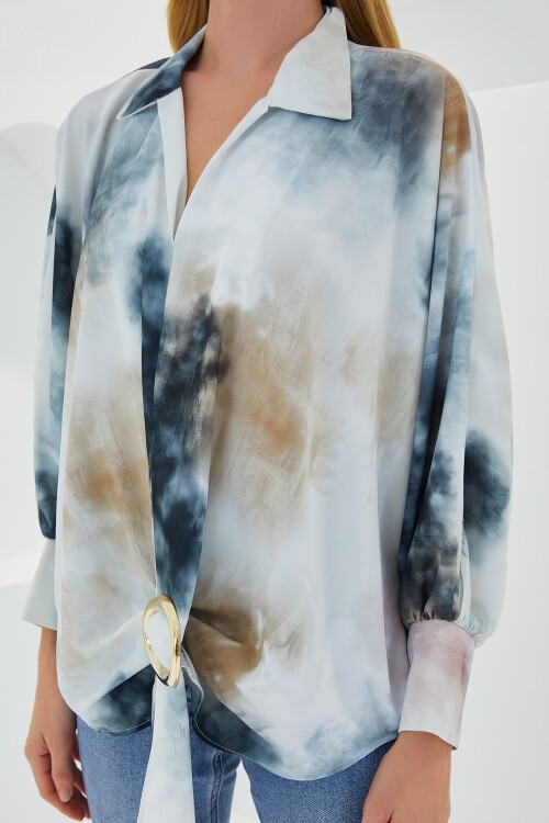 Kadın Antrasit Ekru Oversize Dökümlü Saten Gömlek 907