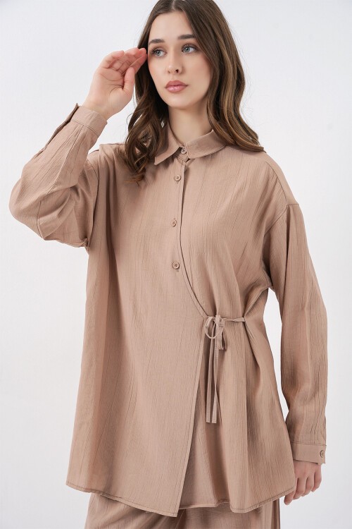 Kadın Bağcıklı Tunik Pantolon İkili Takım 6752 - Bej