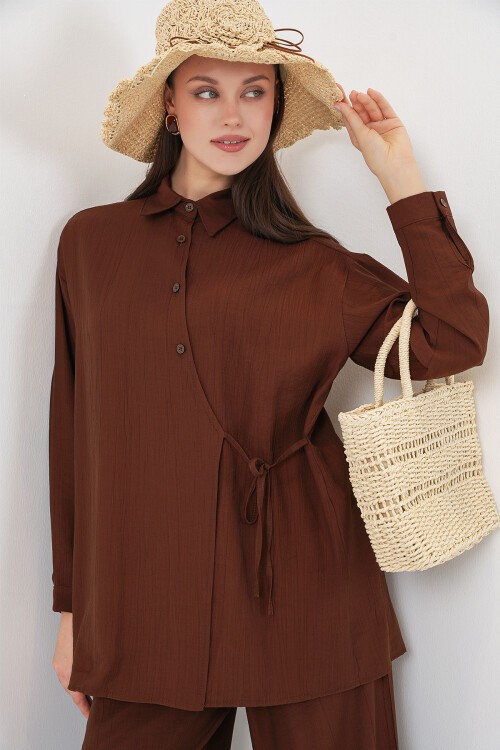 Kadın Bağcıklı Tunik Pantolon İkili Takım 6752 - Kahverengi