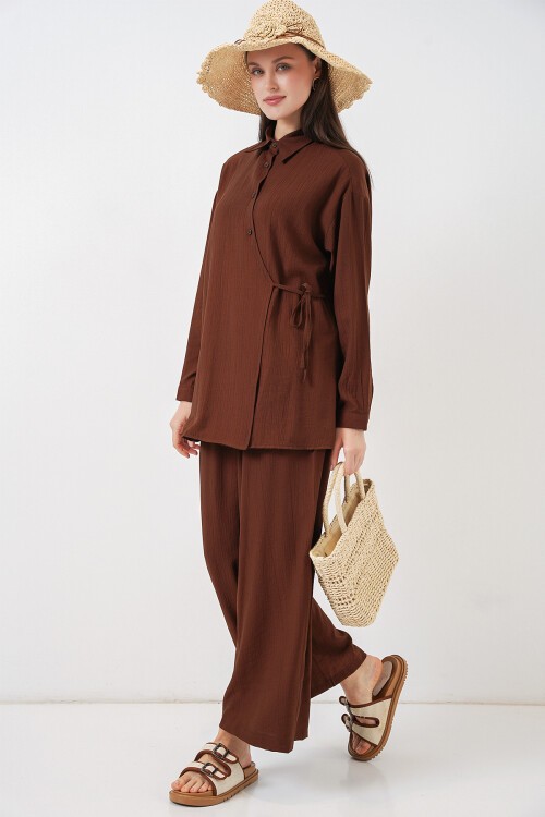 Kadın Bağcıklı Tunik Pantolon İkili Takım 6752 - Kahverengi