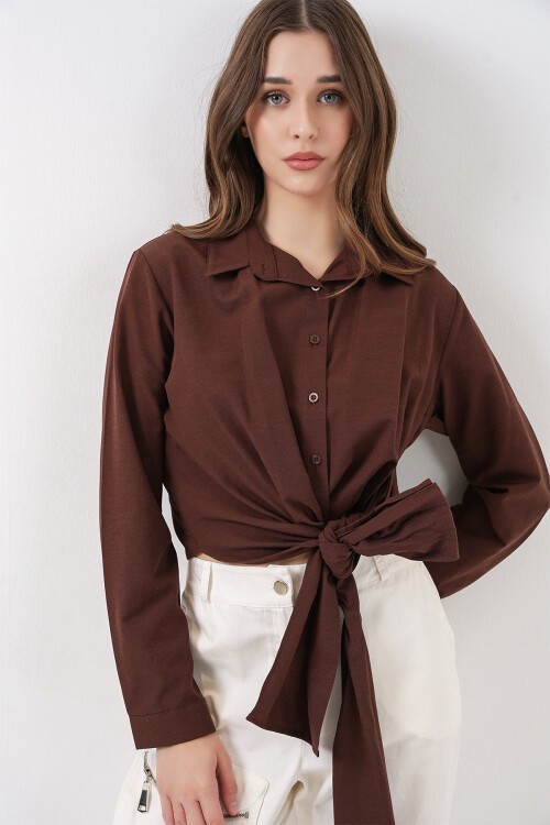 Kadın Bağlamalı Uzun Kol Gömlek 20325 - Kahverengi