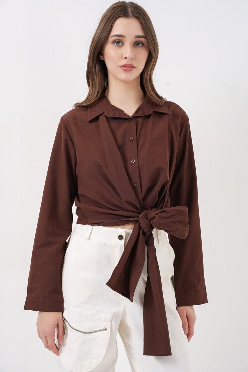 Kadın Bağlamalı Uzun Kol Gömlek 20325 - Kahverengi