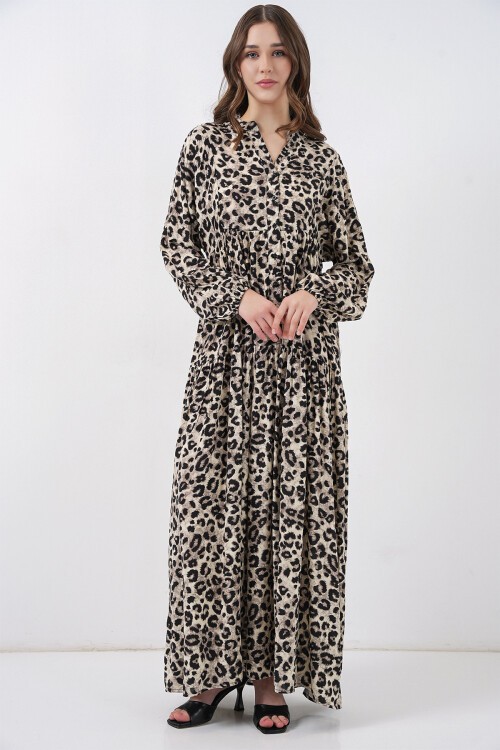 Kadın Bej Siyah Viskon Tesettür Elbise 2423