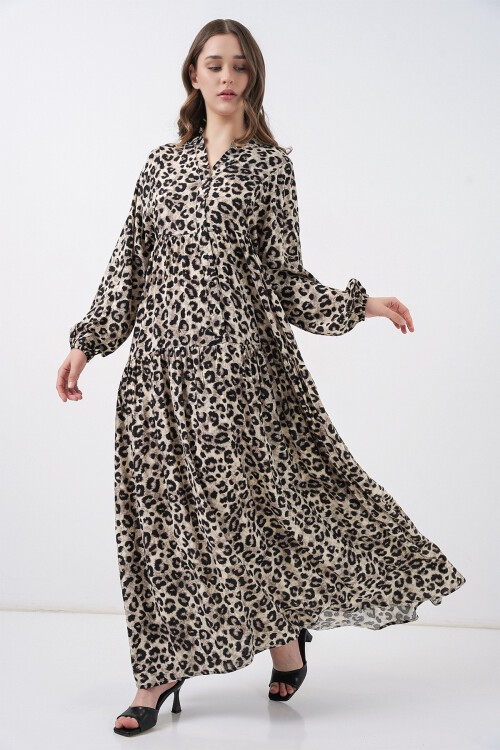 Kadın Bej Siyah Viskon Tesettür Elbise 2423