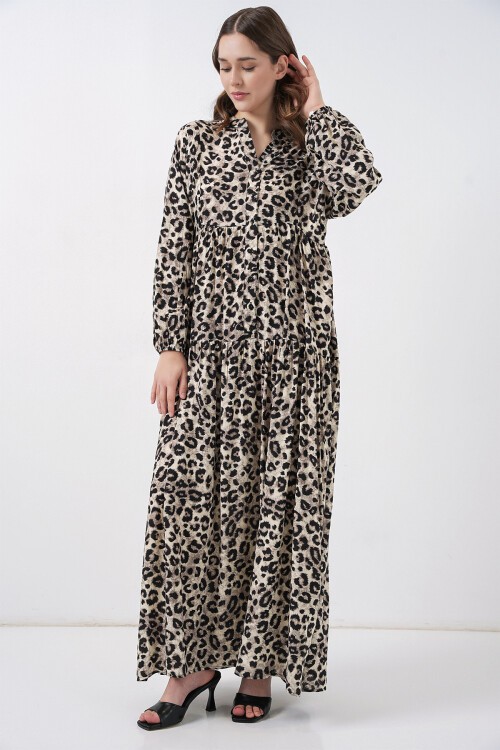 Kadın Bej Siyah Viskon Tesettür Elbise 2423