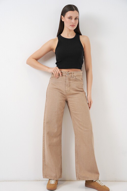 Kadın Bol Paça Yüksek Bel Palazzo Kot Pantolon 6656 - Vizon