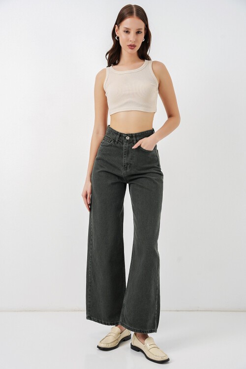 Kadın Bol Paça Yüksek Bel Palazzo Kot Pantolon 6656 - Yeşil