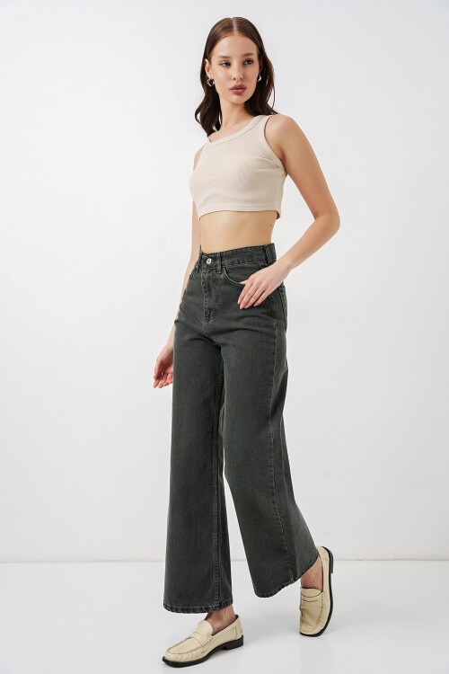 Kadın Bol Paça Yüksek Bel Palazzo Kot Pantolon 6656 - Yeşil