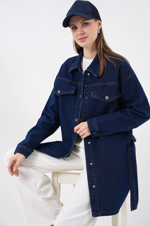 Kadın Boydan Düğmeli Kuşalı Kot Ceket 0740 - Lacivert