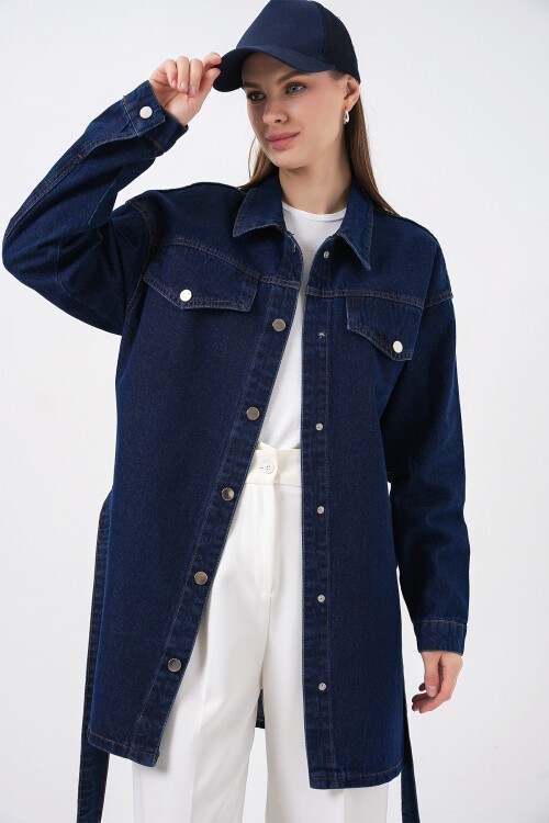 Kadın Boydan Düğmeli Kuşalı Kot Ceket 0740 - Lacivert