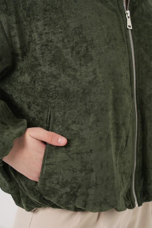 Kadın Büzgülü Oversize Kadife Ceket 0733 - Haki