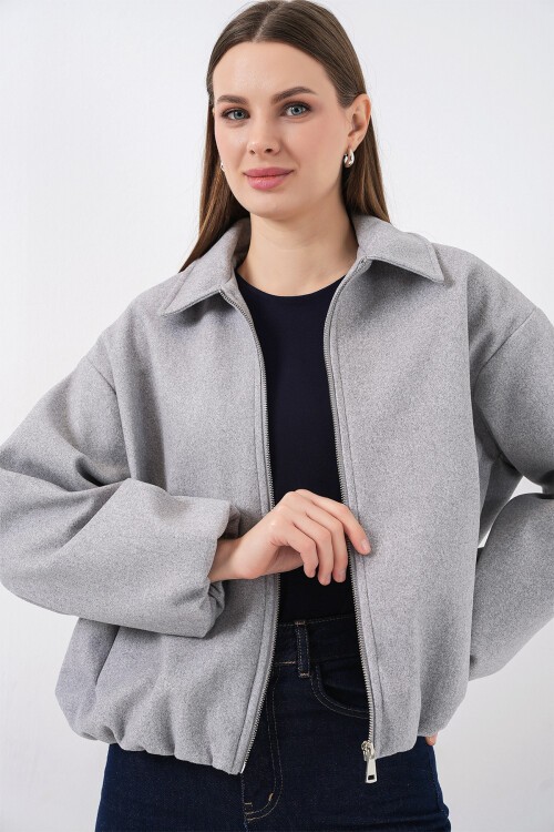 Kadın Büzgülü Oversize Kaşe Ceket 0728 - A.Gri