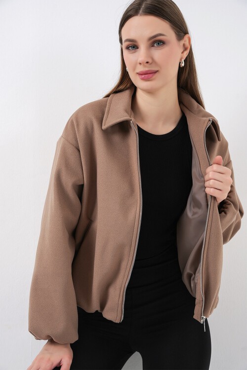 Kadın Büzgülü Oversize Kaşe Ceket 0728 - Bisküvi