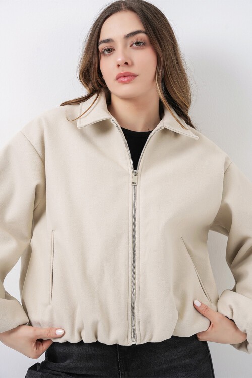 Kadın Büzgülü Oversize Kaşe Ceket 0728 - Ekru
