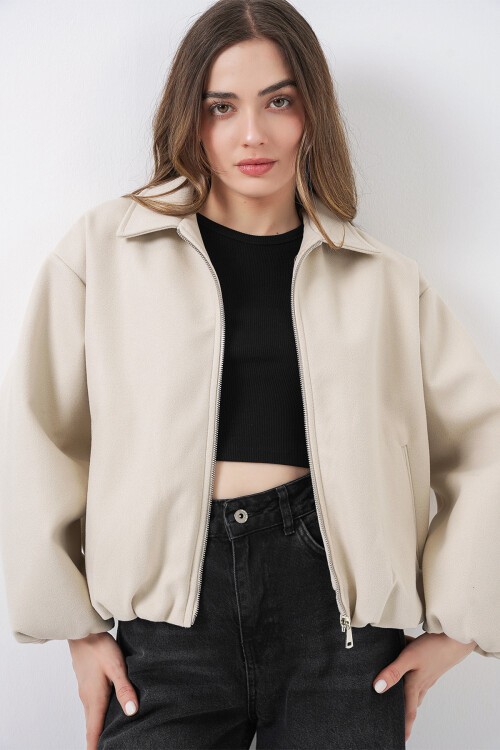Kadın Büzgülü Oversize Kaşe Ceket 0728 - Ekru