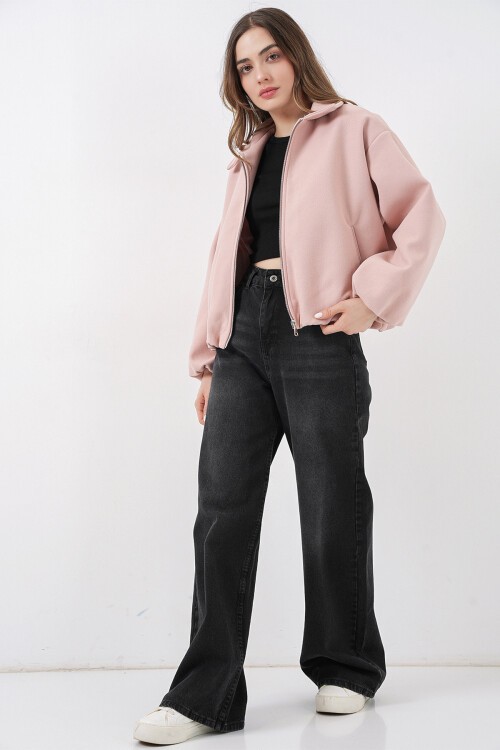 Kadın Büzgülü Oversize Kaşe Ceket 0728 - Pudra