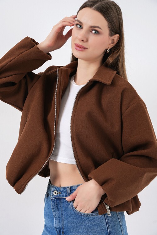 Kadın Büzgülü Oversize Kaşe Ceket 0728 - Sütlü Kahve