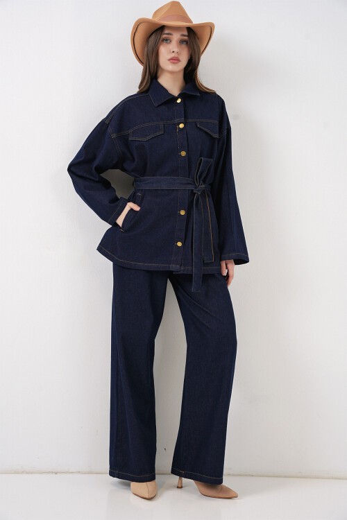 Kadın Ceket Pantolon Kot İkili Takım 30059 - Lacivert