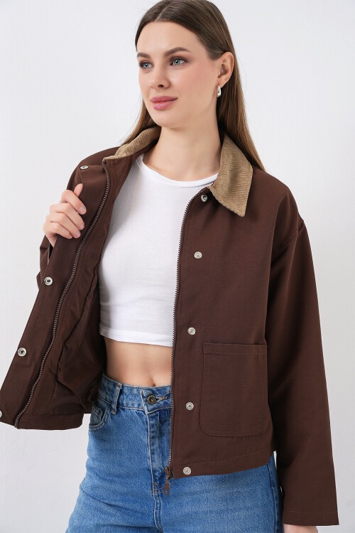 Kadın Cep Detaylı Kısa Ceket 5975 - Kahverengi