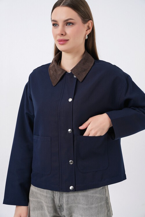 Kadın Cep Detaylı Kısa Ceket 5975 - Lacivert