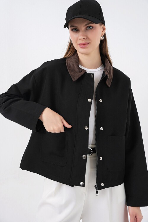 Kadın Cep Detaylı Kısa Ceket 5975 - Siyah