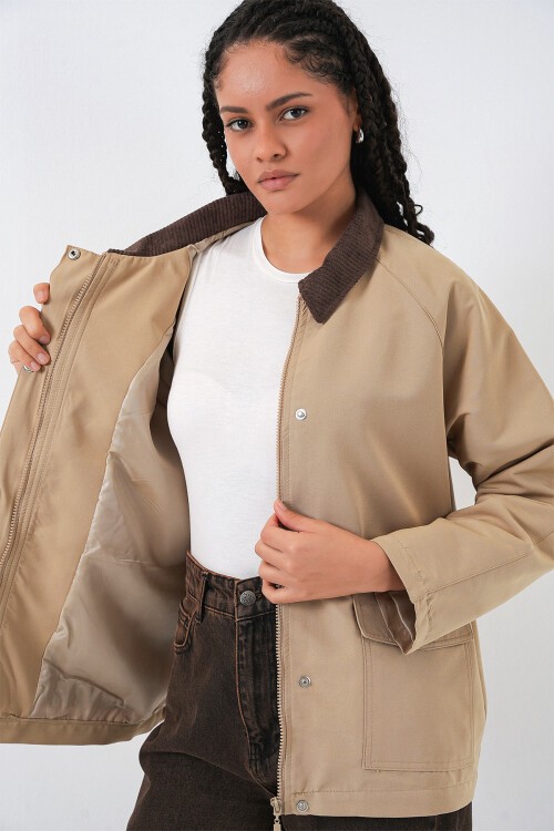 Kadın Cep Detaylı Oversize Ceket 5973 - Bej