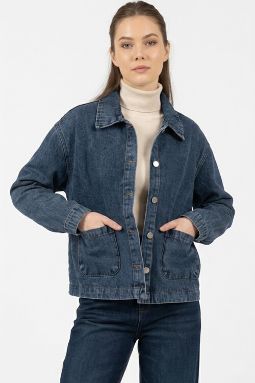 Kadın Çift Cepli Denim Ceket 0731 - Lacivert