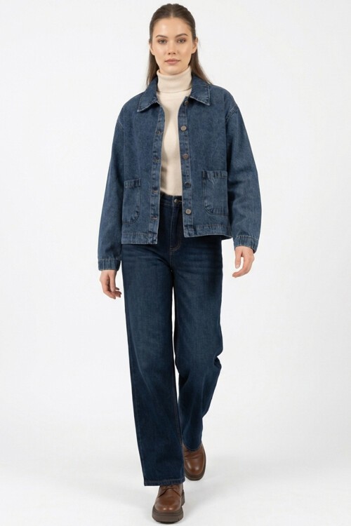 Kadın Çift Cepli Denim Ceket 0731 - Lacivert