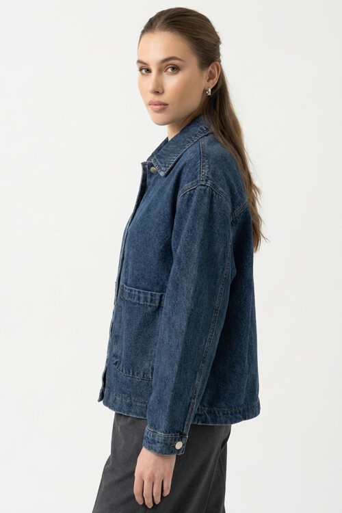 Kadın Çift Cepli Denim Ceket 0731 - Lacivert