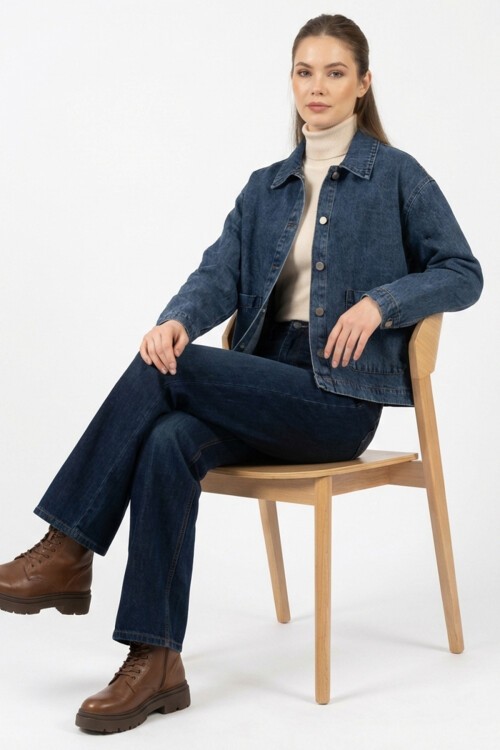 Kadın Çift Cepli Denim Ceket 0731 - Lacivert