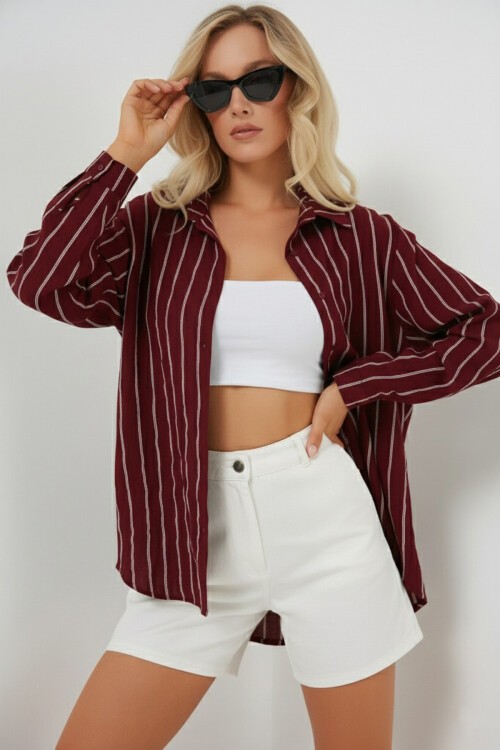 Kadın Çizgili Oversize Gömlek 20293 - Bordo