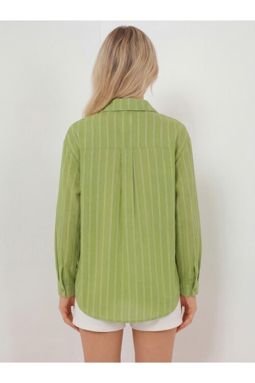 Kadın Çizgili Oversize Gömlek 20293 - E.Yeşil
