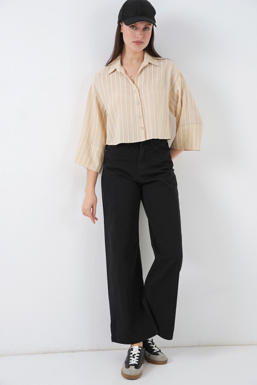 Kadın Çizgili Oversize Kısa Gömlek 20326 - Bej