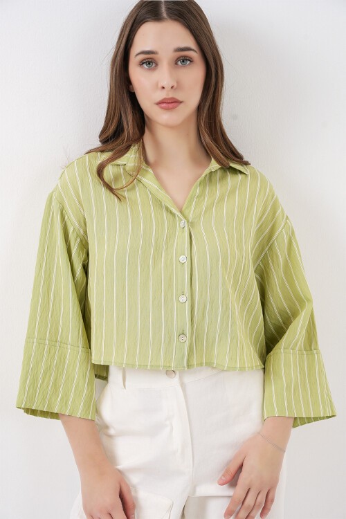 Kadın Çizgili Oversize Kısa Gömlek 20326 - E.Yeşil