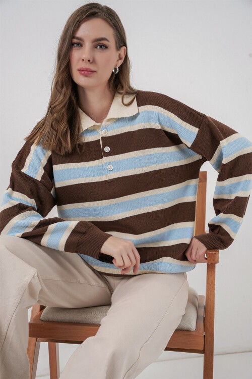Kadın Çizgili Polo Yaka Triko Kazak 15952 - Mavi