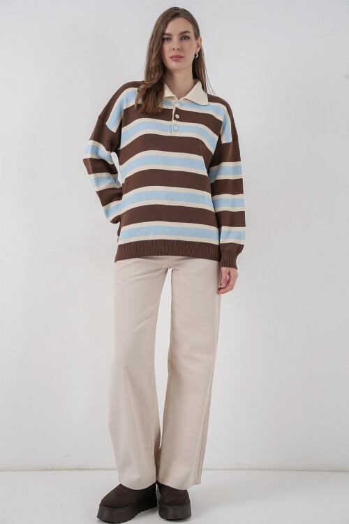 Kadın Çizgili Polo Yaka Triko Kazak 15952 - Mavi