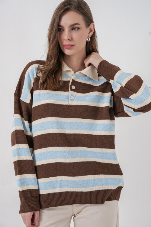 Kadın Çizgili Polo Yaka Triko Kazak 15952 - Mavi
