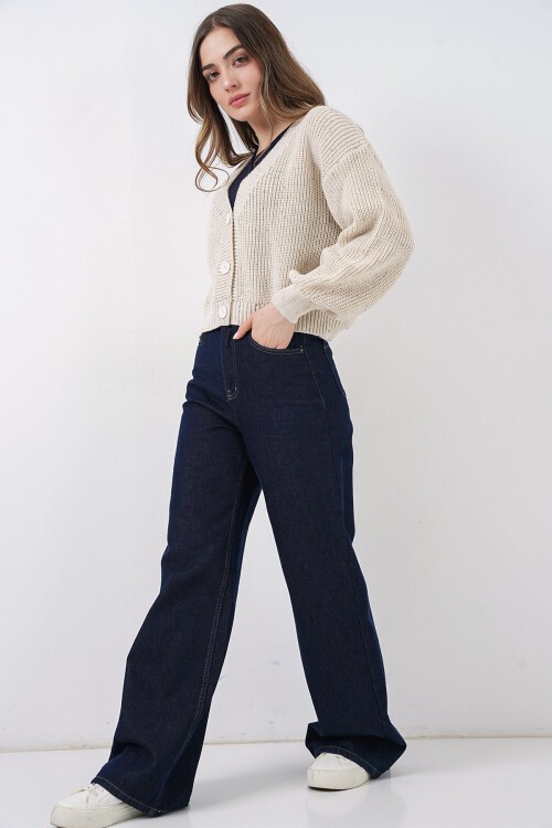 Kadın Crop Triko Hırka 15955 - Krem